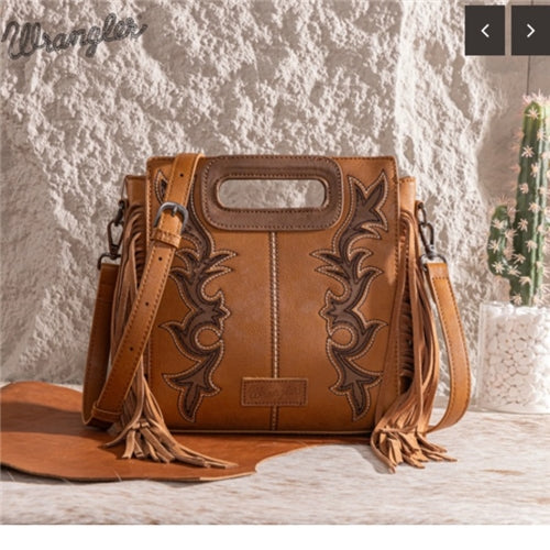 Wrangler Top Handle Boot Scroll Fringe Tote/Crossbody -Brown