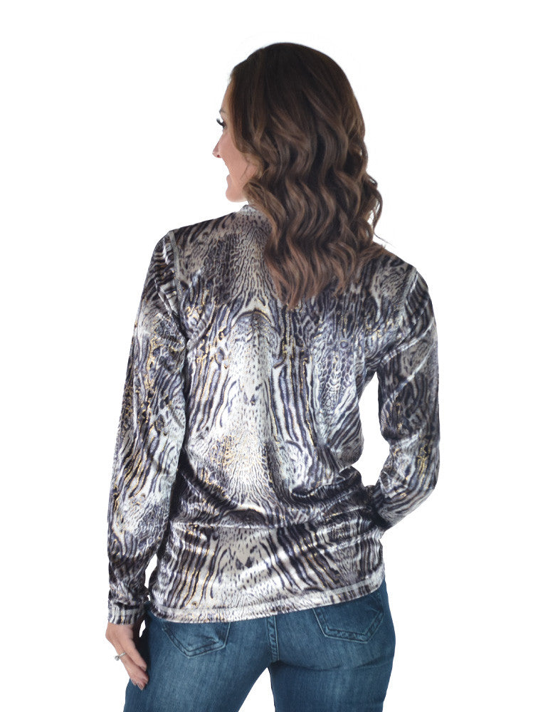 Cowgirl Tuff Long Sleeve Tee (Gray Tone Animal Print with Gold Foil in Velvet Heavier Weight)