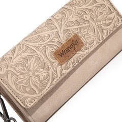 Wrangler Western Floral Tooled Tri-fold RFID Wallet/Wristlet - Tan