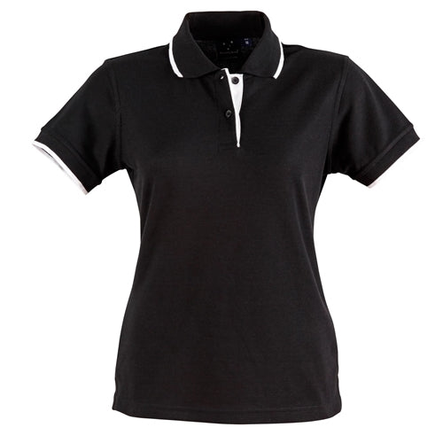 Ladies Poly/Cotton Contrast Pique S/S Polo - Black/White
