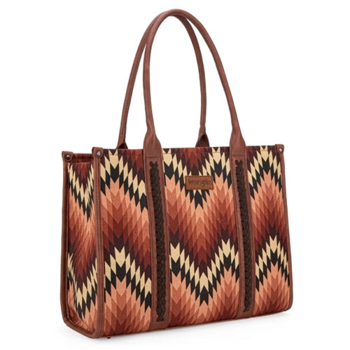 Wrangler Southwestern Pattern Dual Sided Print Canvas Wide Tote Brown