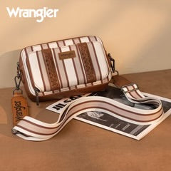 Wrangler Stripe Printed Crossbody Purse With Wallet Compartment - Brown