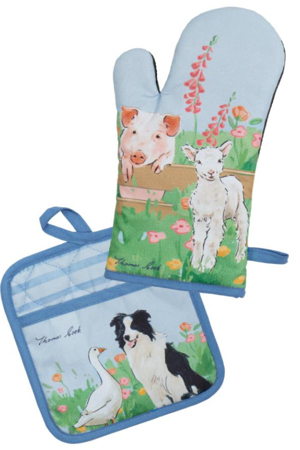 Thomas Cook oven mitt pot holder set - Light/Blue