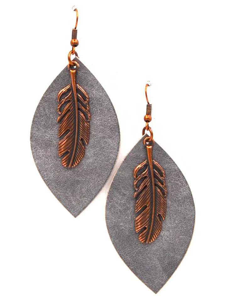 Leaf Shape leather Earring with Feather Charm
