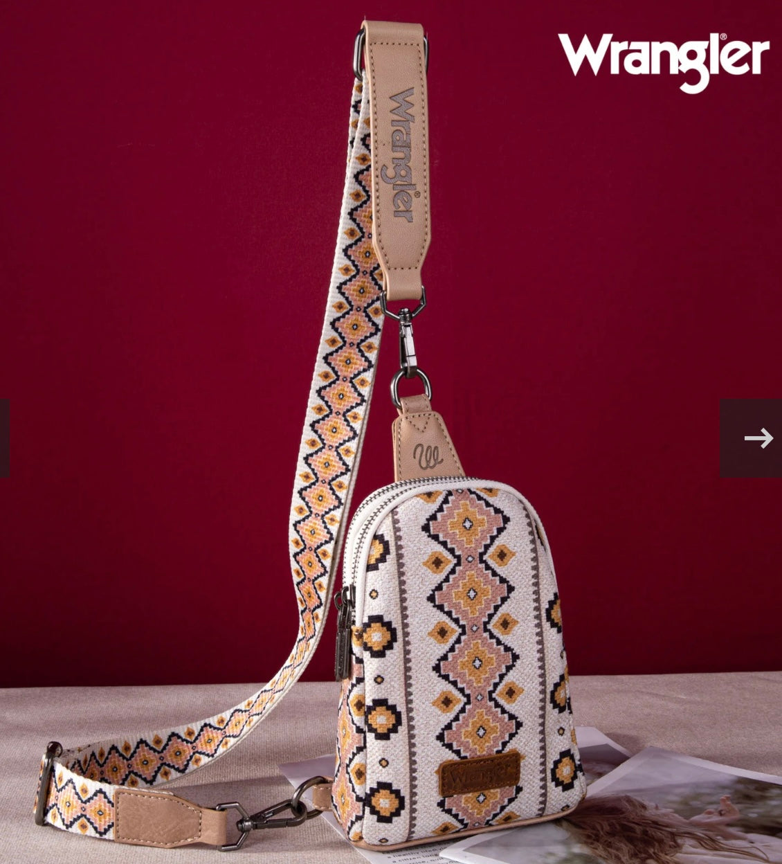 Wrangler Aztec Print Crossbody Sling Chest Bag - Tan