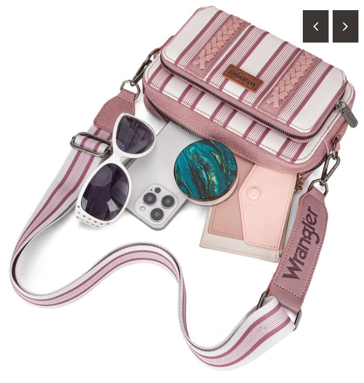 Wrangler Stripe Printed Crossbody Purse With Wallet Compartment - Pink