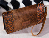 Wrangler Hair-On Cowhide Vintage Floral Tooled Wallet - Brown