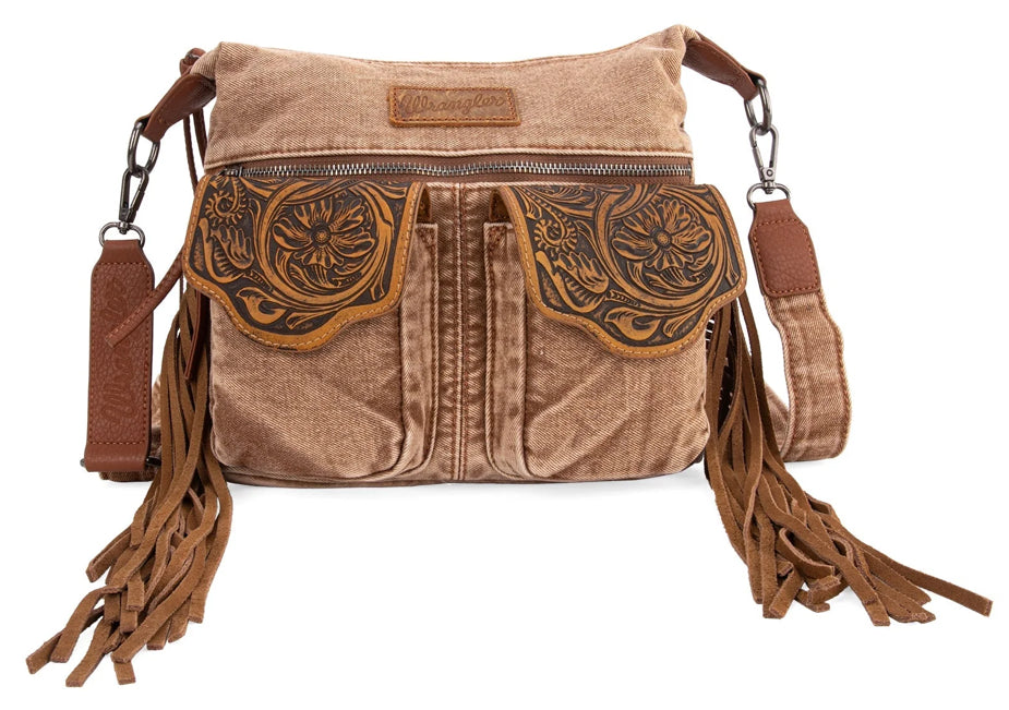 Wrangler Fringe Floral Tooled Denim Crossbody Brown