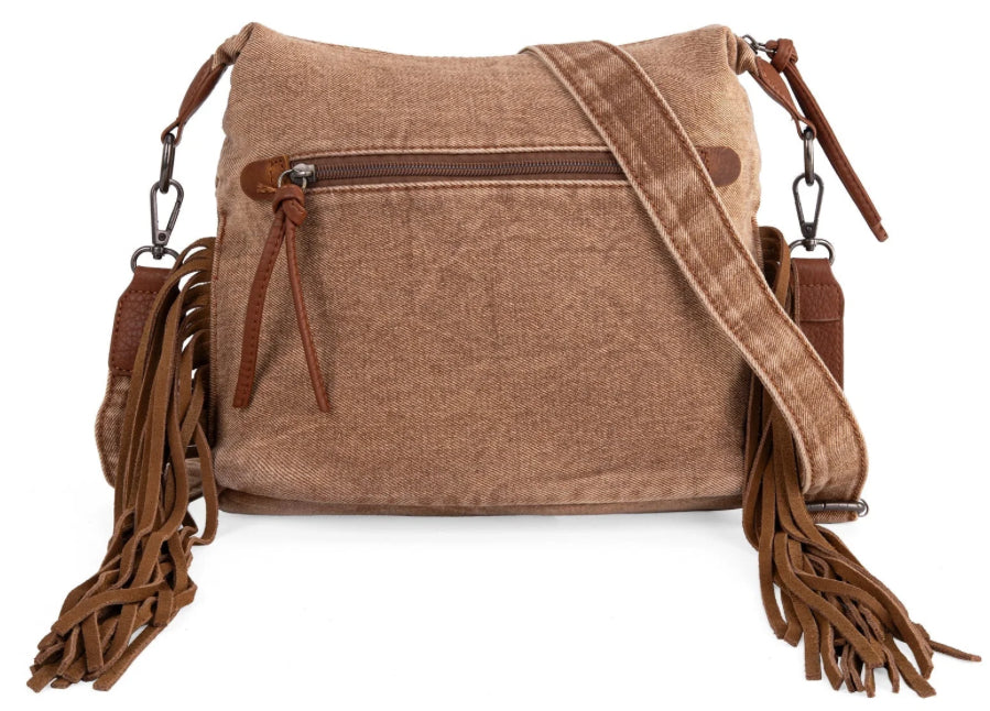 Wrangler Fringe Floral Tooled Denim Crossbody Brown