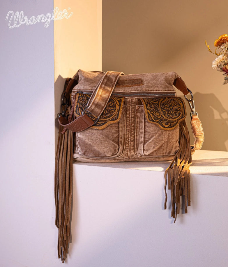 Wrangler Fringe Floral Tooled Denim Crossbody Brown