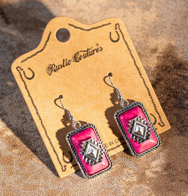 Rustic Couture's Bohemian Rectangle Dangle Silver/bronze Aztec Symbol Synthetic Turquoise Stone Earring - Hot Pink