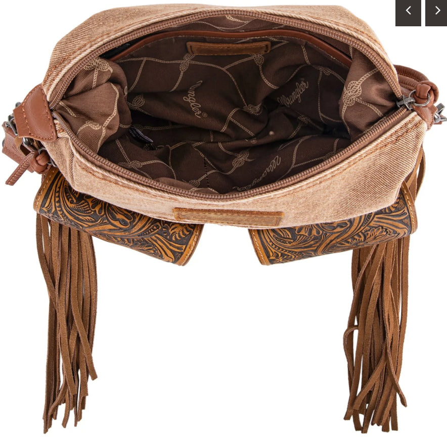 Wrangler Fringe Floral Tooled Denim Crossbody Brown