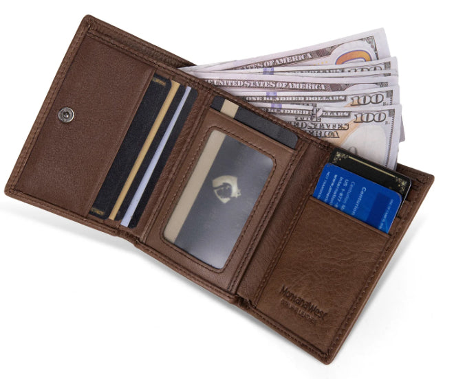 Montana West Genuine Leather Tri-Fold Wallet - Coffee