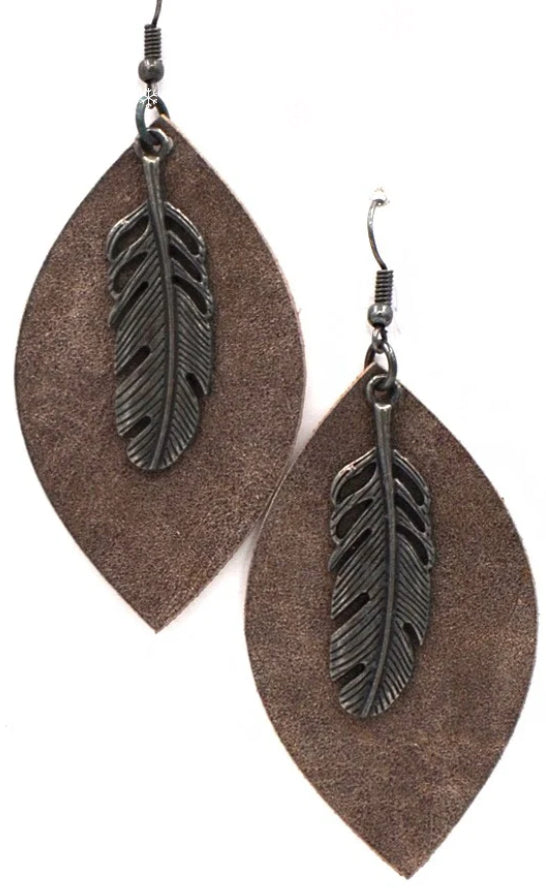 Leaf Shape leather Earring with Feather Charm