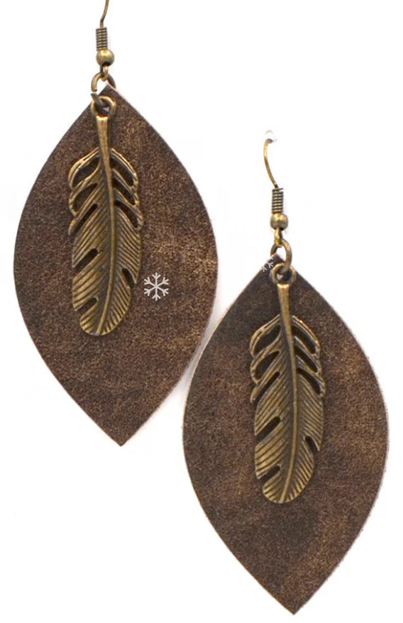 Leaf Shape leather Earring with Feather Charm