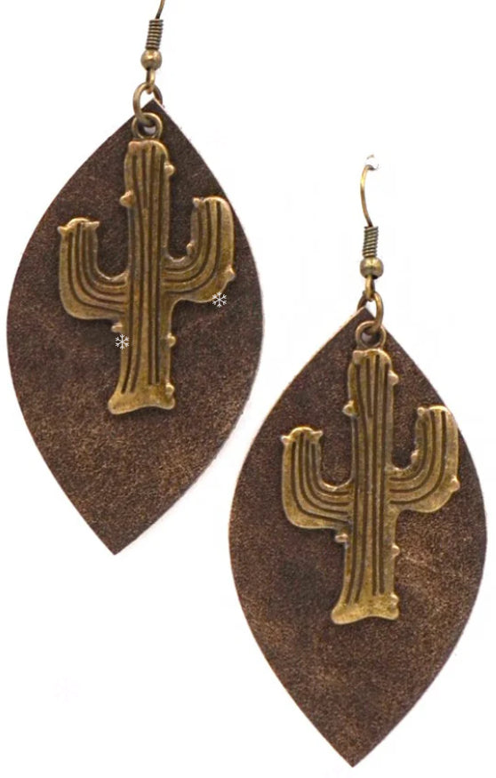 Leaf Shape Leather-Rippled Texture Earring with Cactus - Gold