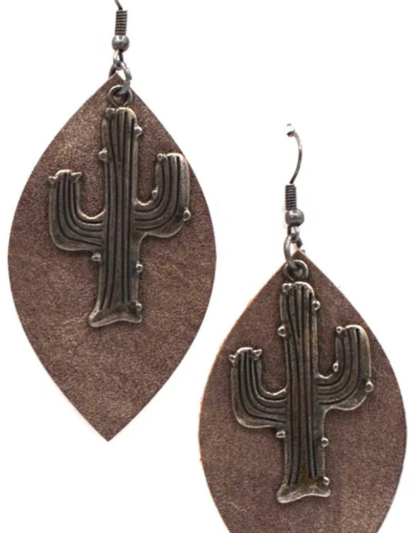 Leaf Shape Leather-Rippled Texture Earring with Cactus - Brown