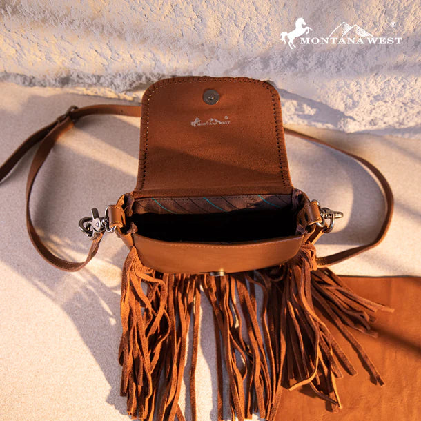 Montana West Genuine Leather Tooled Fringe Crossbody - Brown