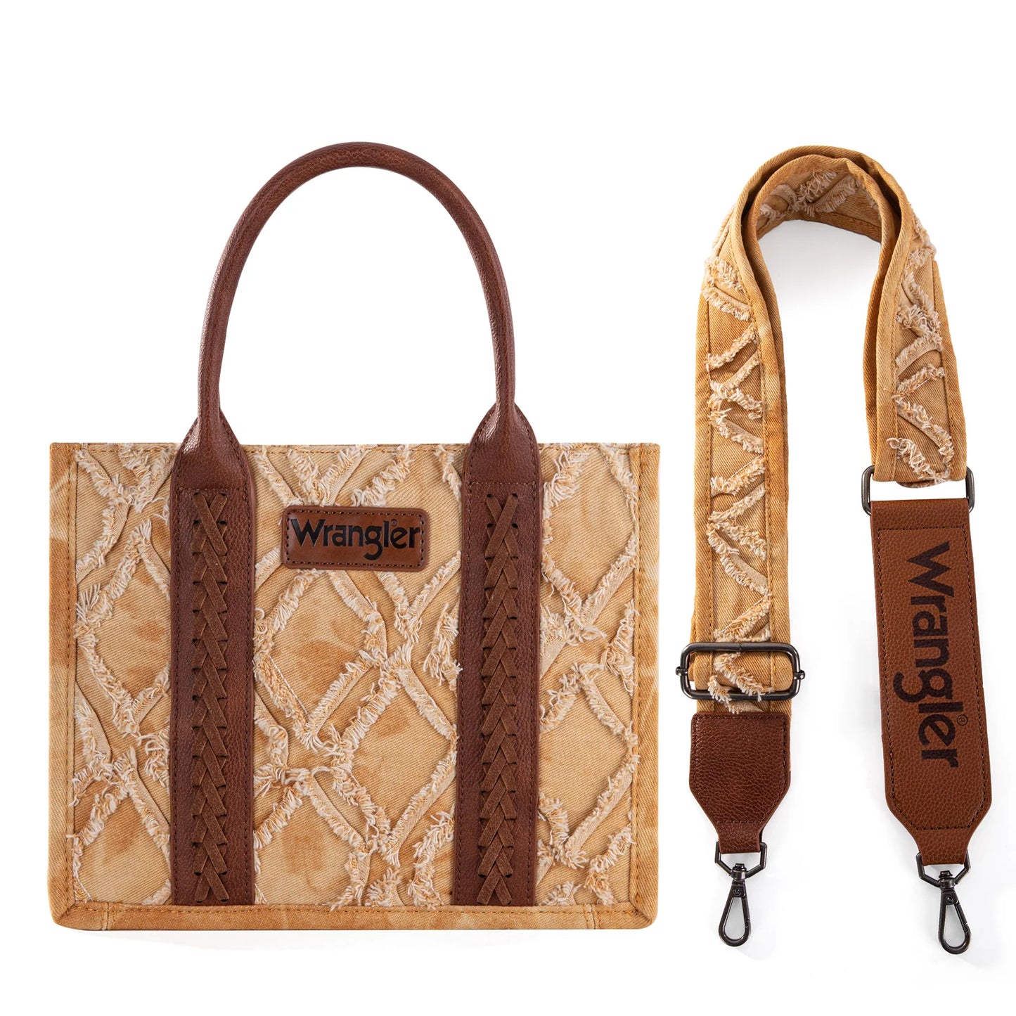 Wrangler Southwestern Brown Denim Frayed Fringe Small Canvas Tote/Crossbody