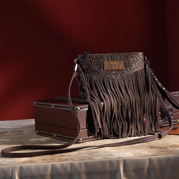 Wrangler Vintage Floral Tooled Collection Fringe Crossbody - Coffee