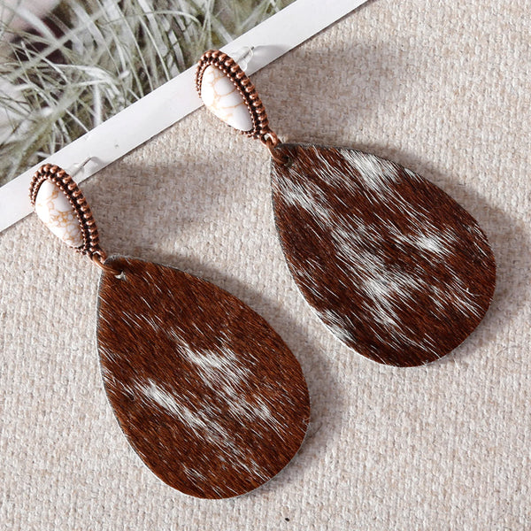 Rustic Couture's Cowhide Tear Drop Dangling Earring White