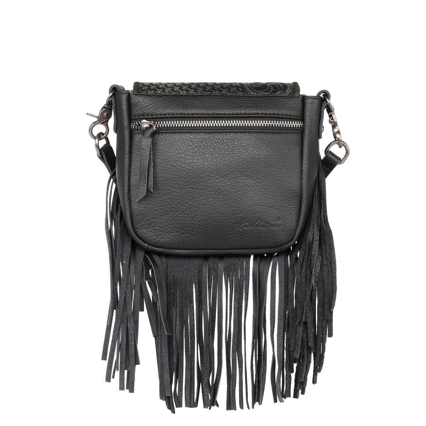 Montana West Genuine Leather Tooled Collection Fringe Crossbody Black