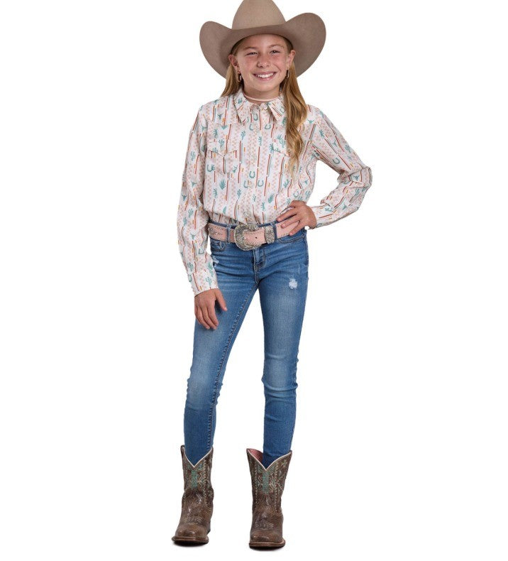 Roper Girls Five Star Collection Long Sleeve Shirt - Print White