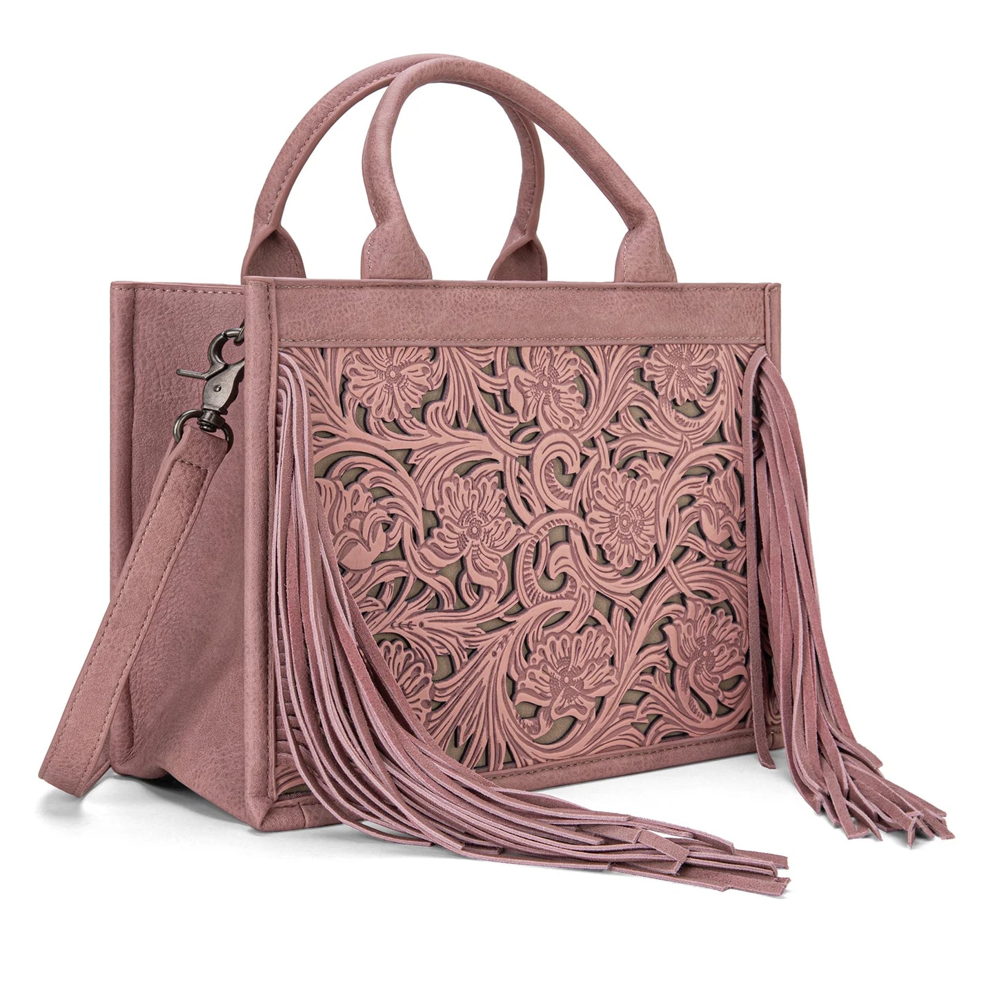 Trinity Ranch Floral Tooled Fringe Concealed Carry Tote/Crossbody - Pink