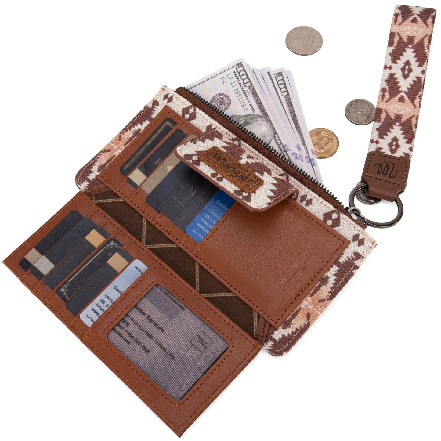 Wrangler Aztec Print Bi-Fold Wallet Wristlet - Light Coffee