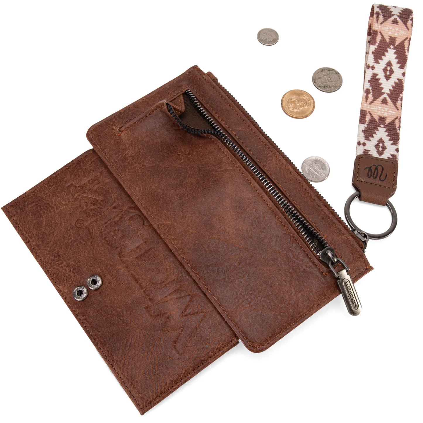 Wrangler Aztec Print Bi-Fold Wallet Wristlet - Light Coffee
