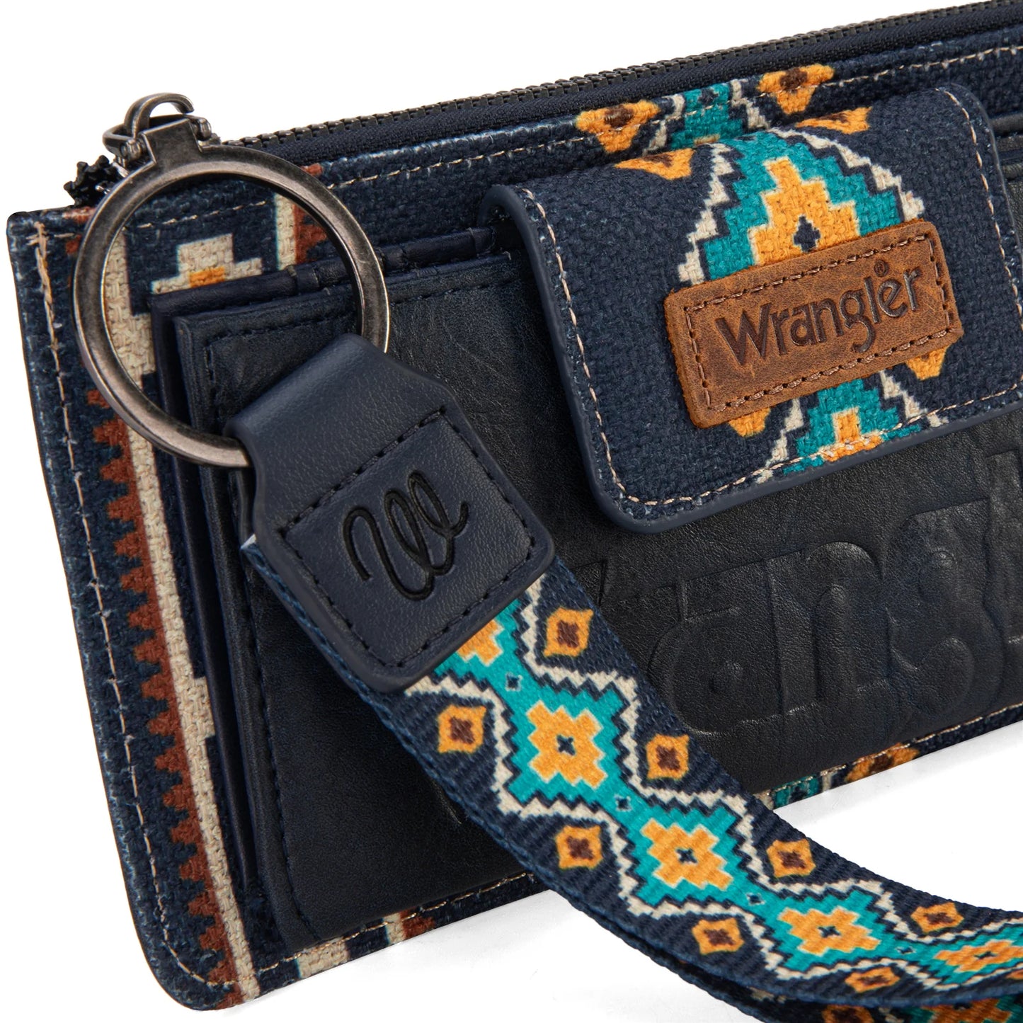 Wrangler Aztec Print Bi-Fold Wallet Wristlet - Navy