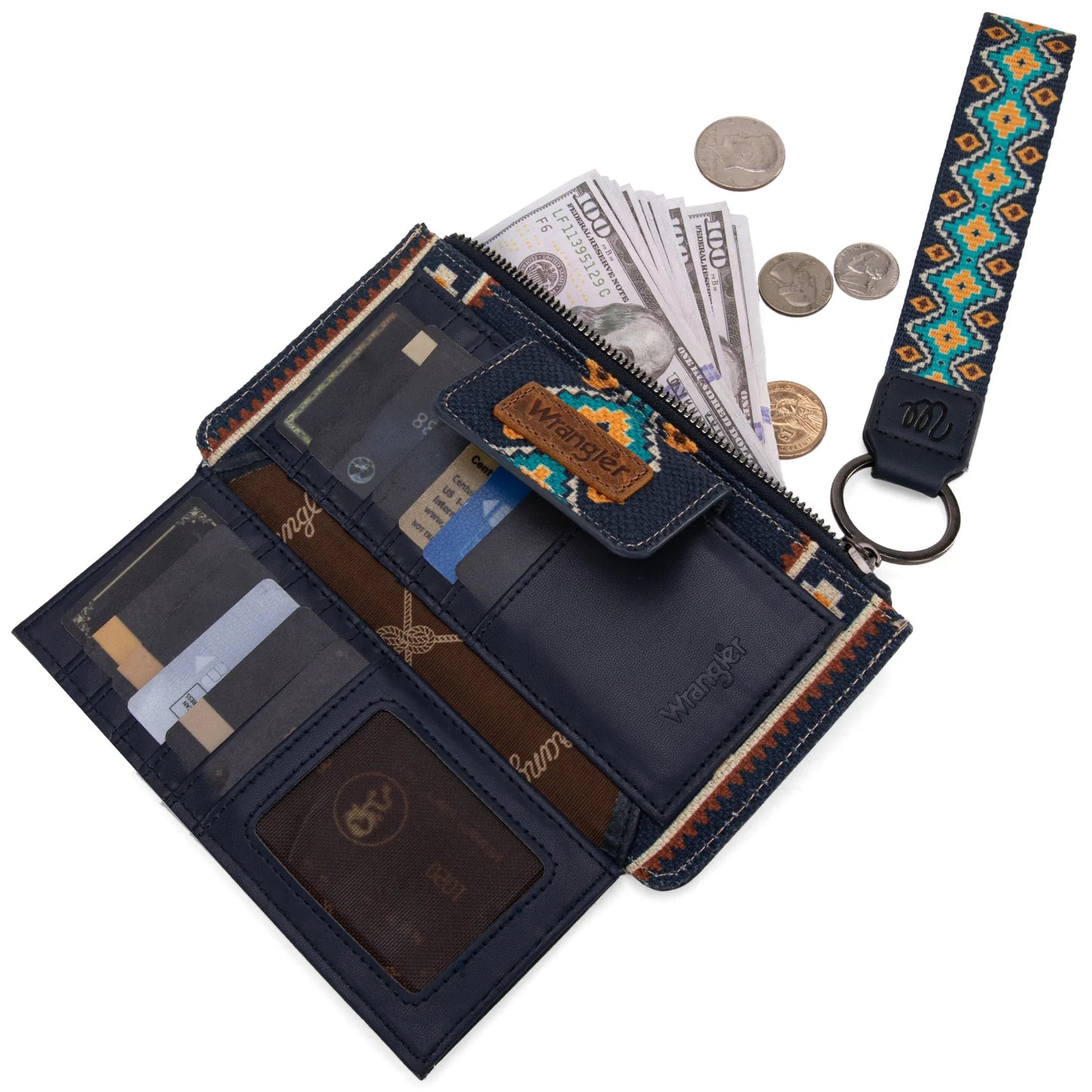 Wrangler Aztec Print Bi-Fold Wallet Wristlet - Navy
