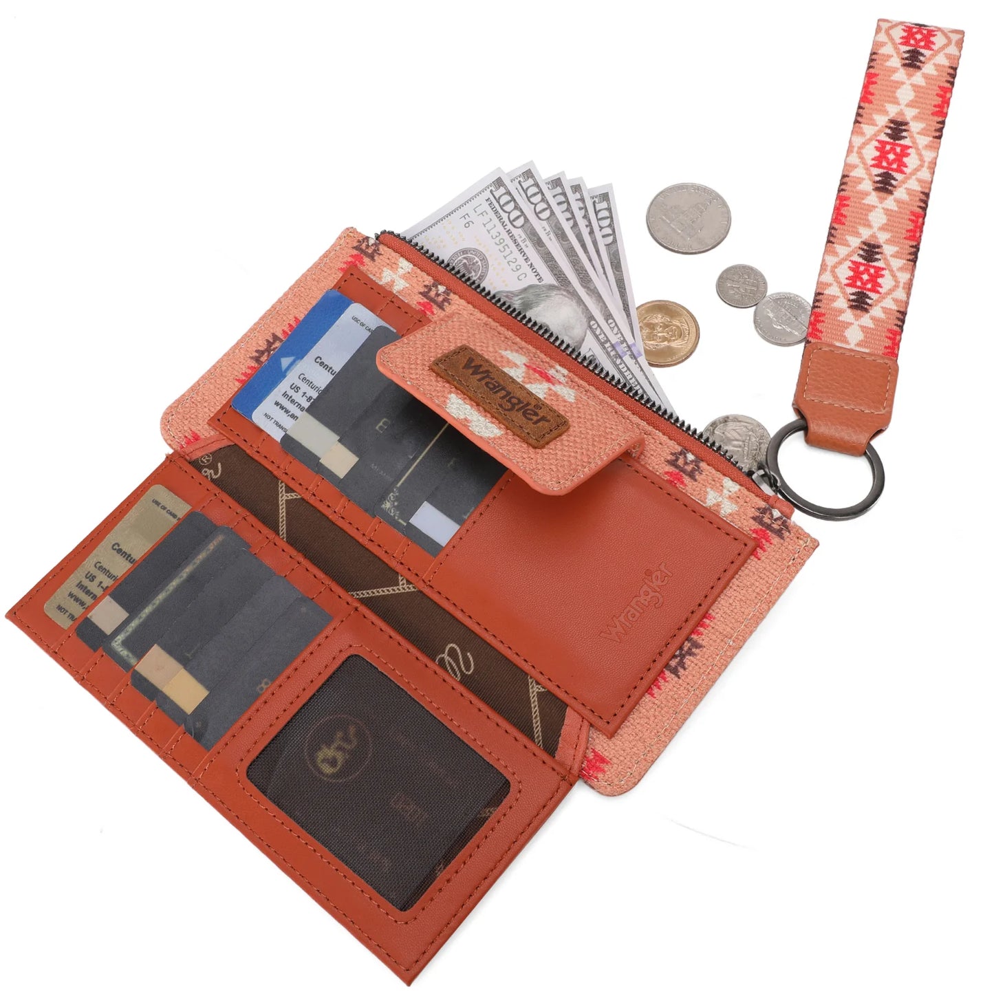 Wrangler Aztec Print Bi-Fold Wallet Wristlet - Orange