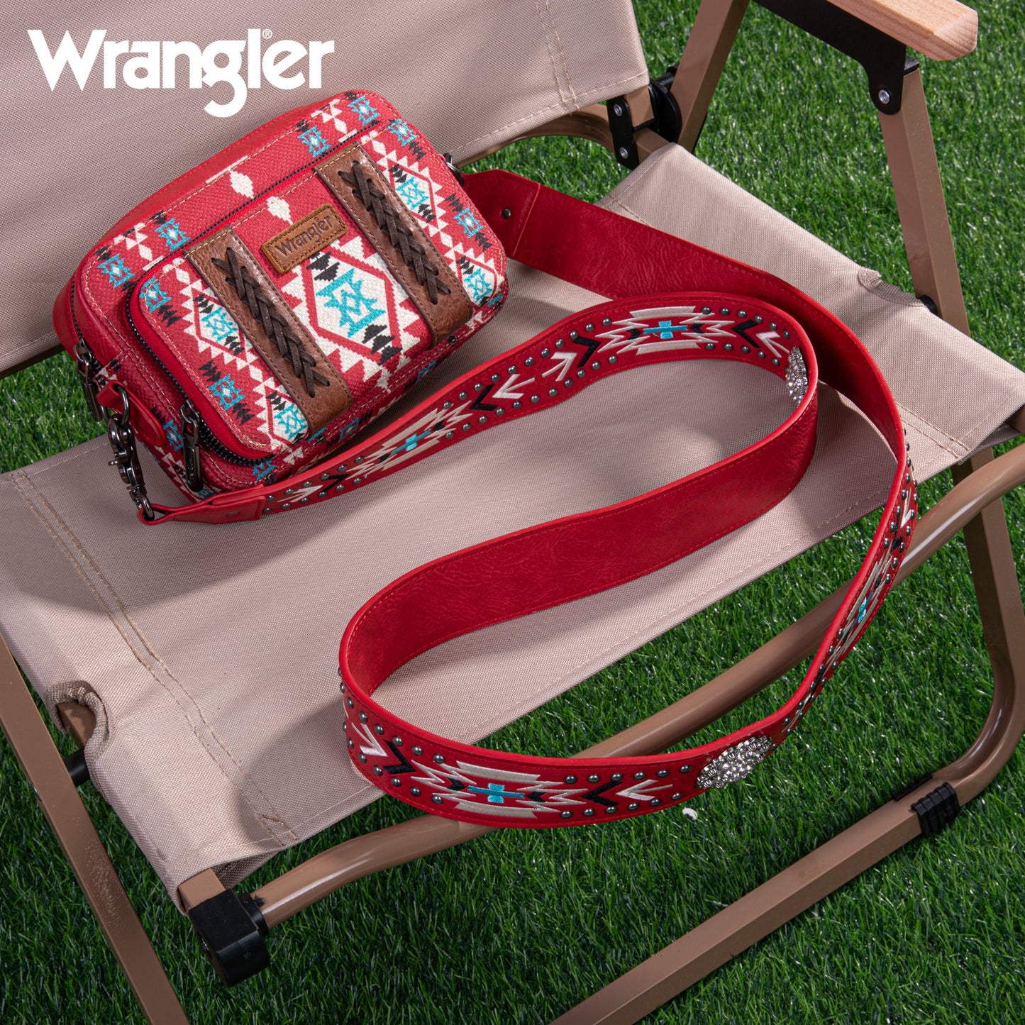 Wrangler Aztec Printed Crossbody Purse With Wallet Compartment - Red