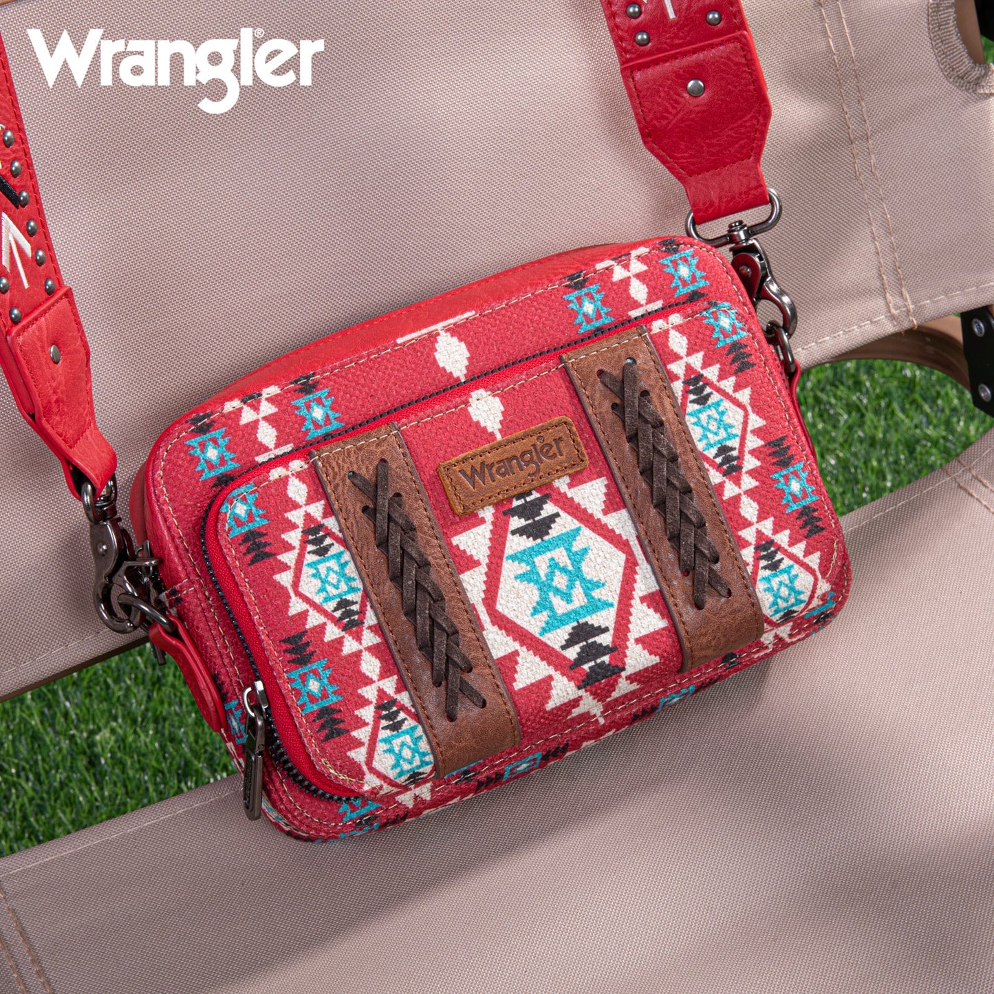 Wrangler Aztec Printed Crossbody Purse With Wallet Compartment - Red