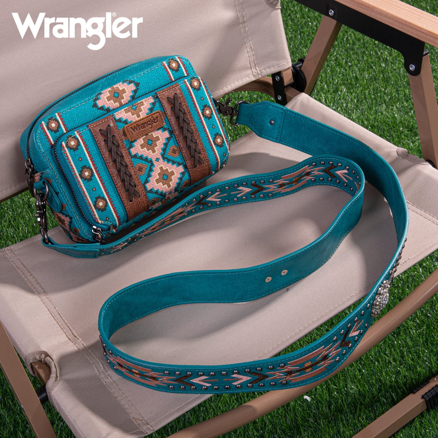 Wrangler Aztec Printed Crossbody Purse With Wallet Compartment - Turquoise