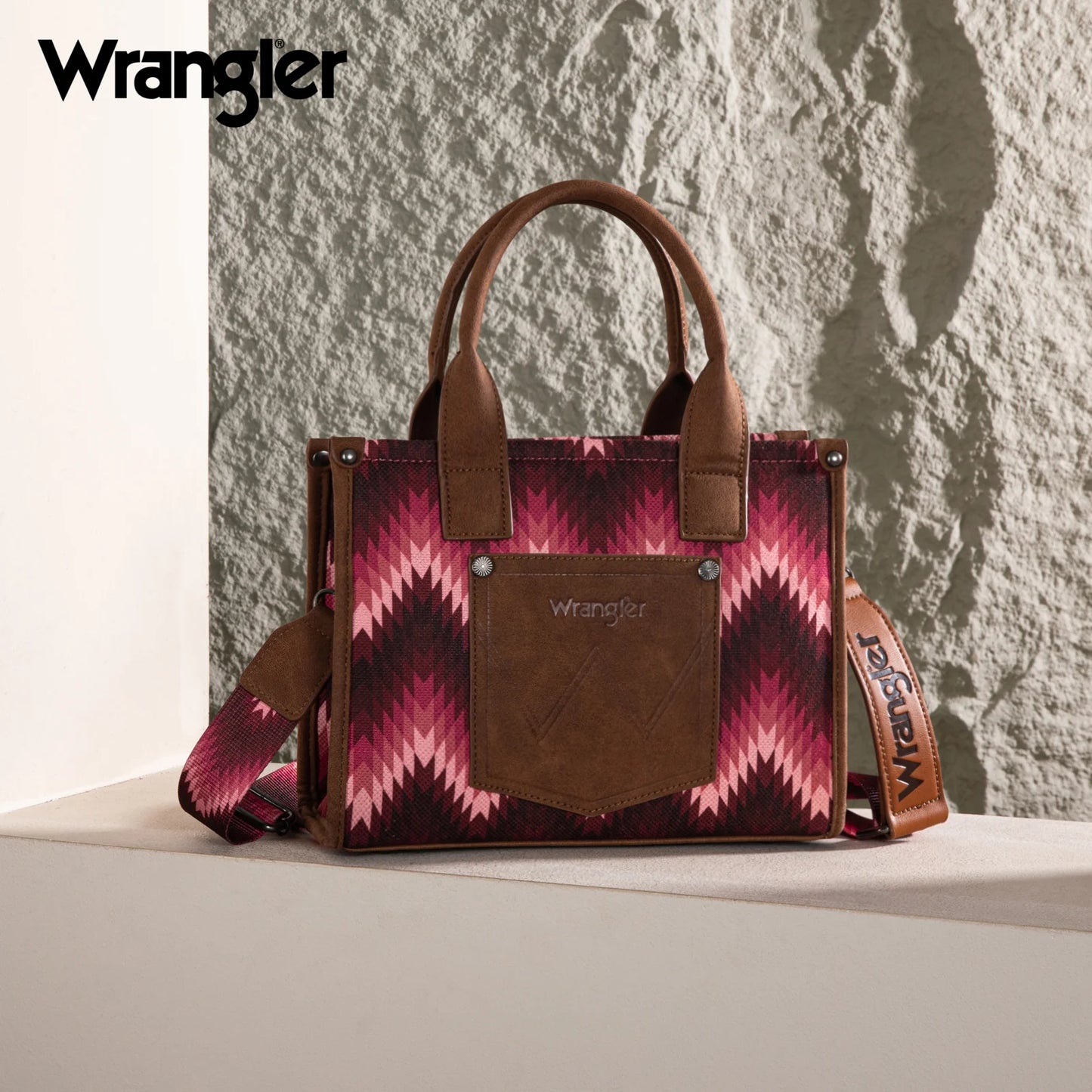 Wrangler Southwestern Pattern Dual Sided Print Tote/Crossbody - DARK PINK