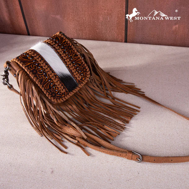 Montana West Genuine Leather Hair-On Collection Fringe Crossbody Light Brown