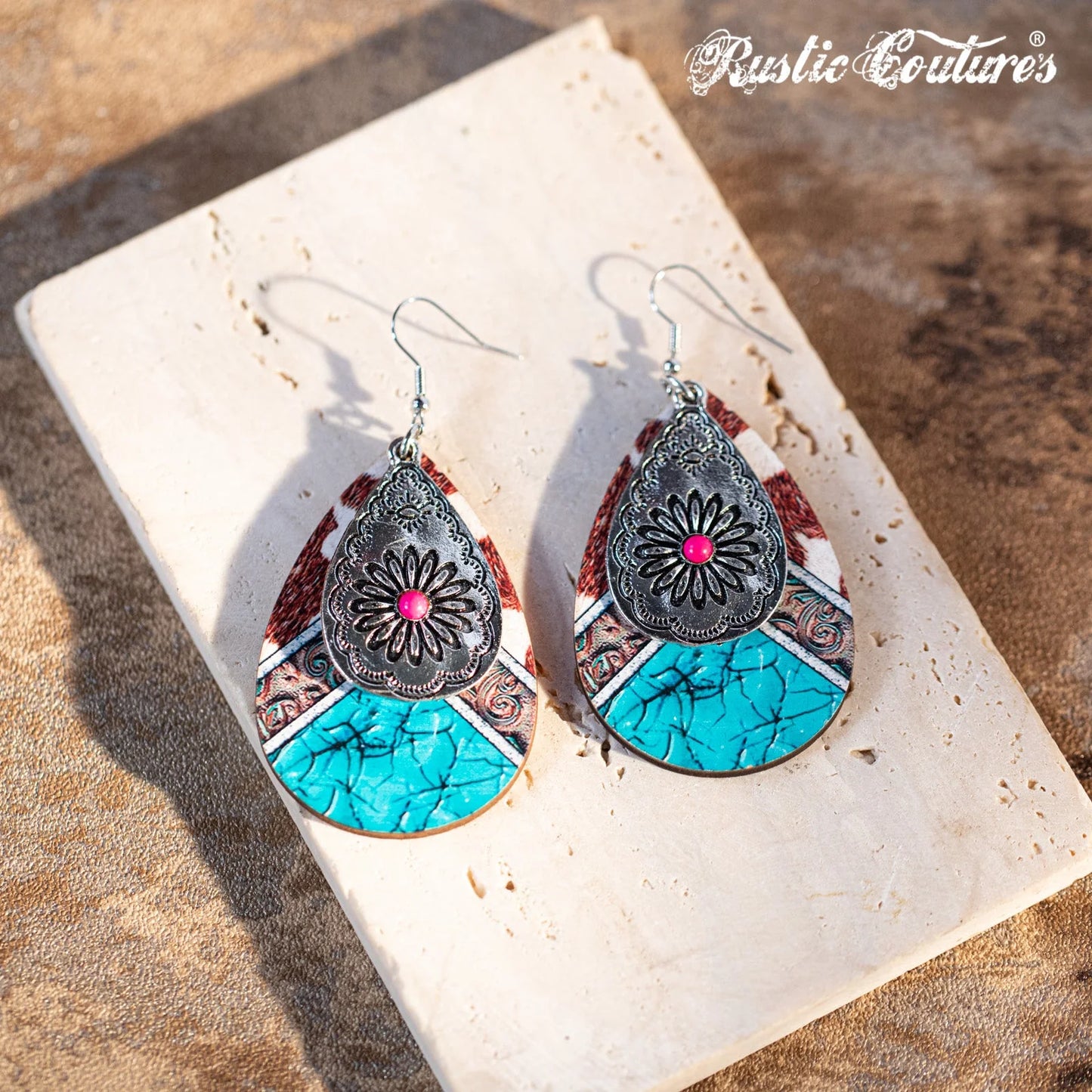 Rustic Couture's Metal Tear Drop Daisy Embossed Wood Painted Pattern Dangling Earring - Hot Pink