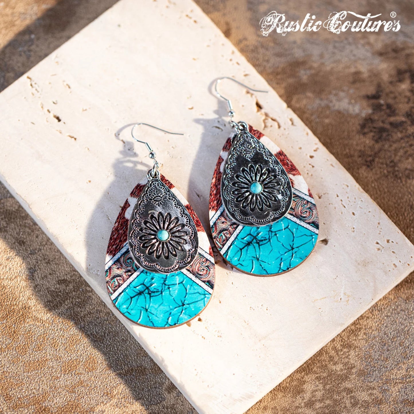 Rustic Couture's Metal Tear Drop Daisy Embossed Wood Painted Pattern Dangling Earring - Turqoise