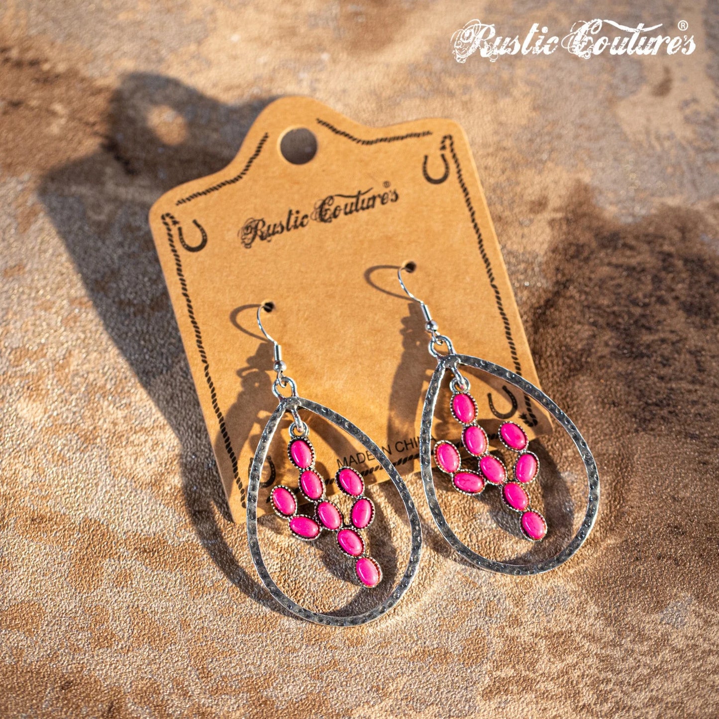 Rustic Couture's Bohemian Natural Stone Cactus Teardrop Shape Dangling Earring