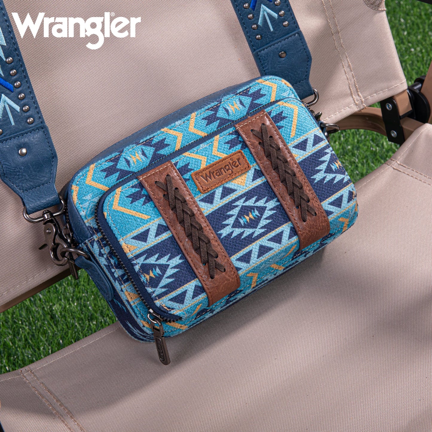 Wrangler Aztec Printed Crossbody Purse With Wallet Compartment - Navy