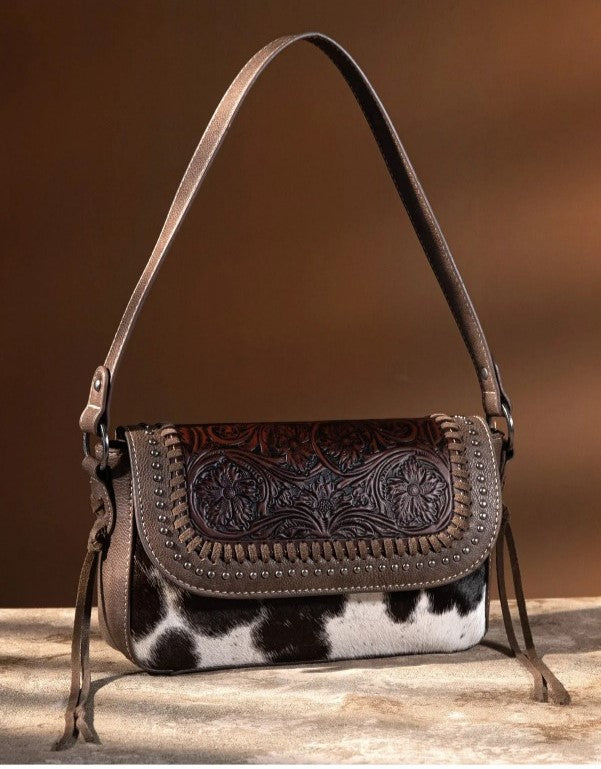 Trinity Ranch Hair-On Cowhide Vintage Floral Tooled Shoulder Bag - Coffee