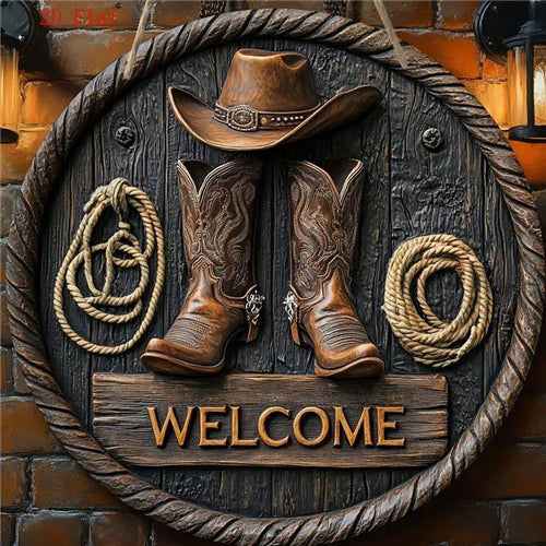 Rustic Cowboy Boots, Hat & Rope Wooden Wall Art