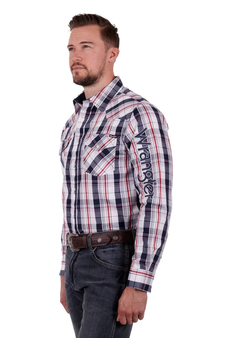 Wrangler Mens Logo Hume L/S Shirt - Navy/Red