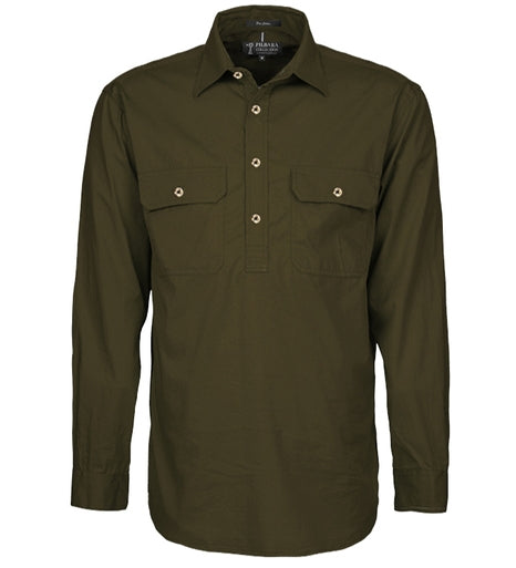 Pilbara mens Closed Front L/S Shirt Olive