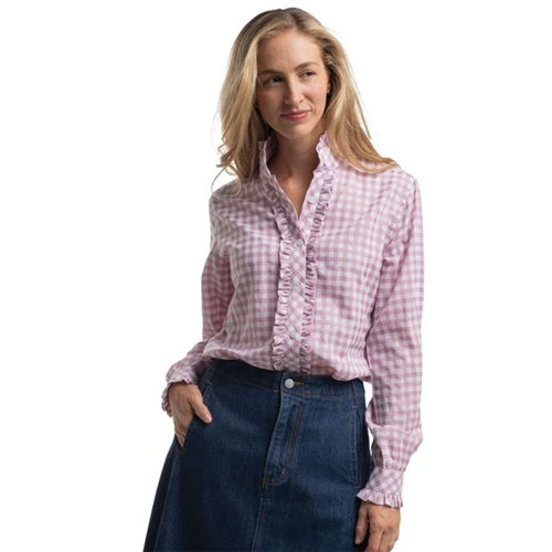 Just Country Women's Abby Frills Full Button Print Work shirt Berry & White Check
