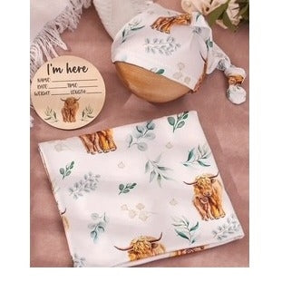 3pcs Highland Cow Baby Blanket & Hat Set - Green