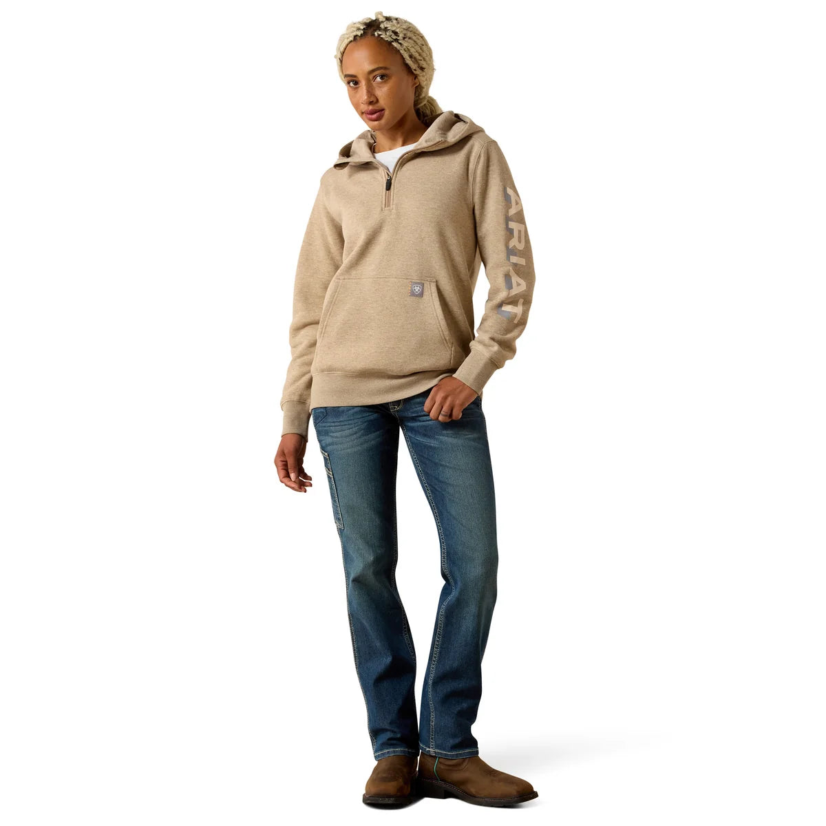 Ariat Women's Rebar Lightweight Log 1/2 Hoodie Oatmeal Heather / Whisper Pink