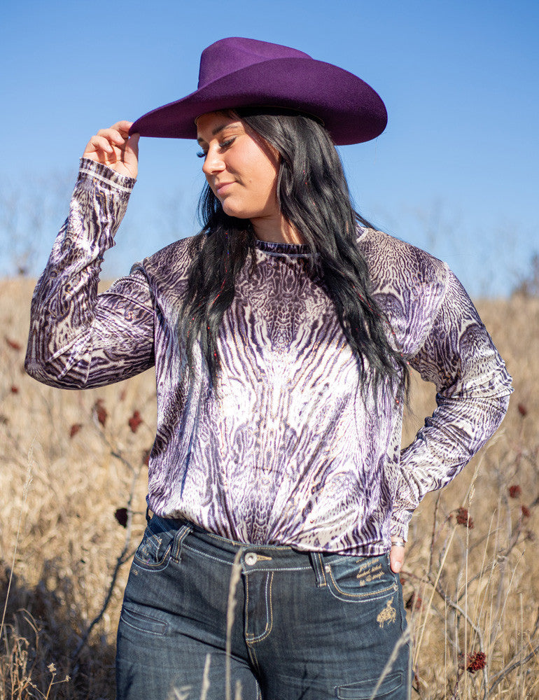 Cowgirl Tuff Long Sleeve Tee (Gray Tone Animal Print with Gold Foil in Velvet Heavier Weight)